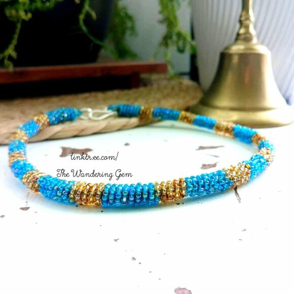 Beaded Rope Choker Necklace, Blue & Gold Seed Bead Jewelry, Boho Statement - Picture 3 of 6